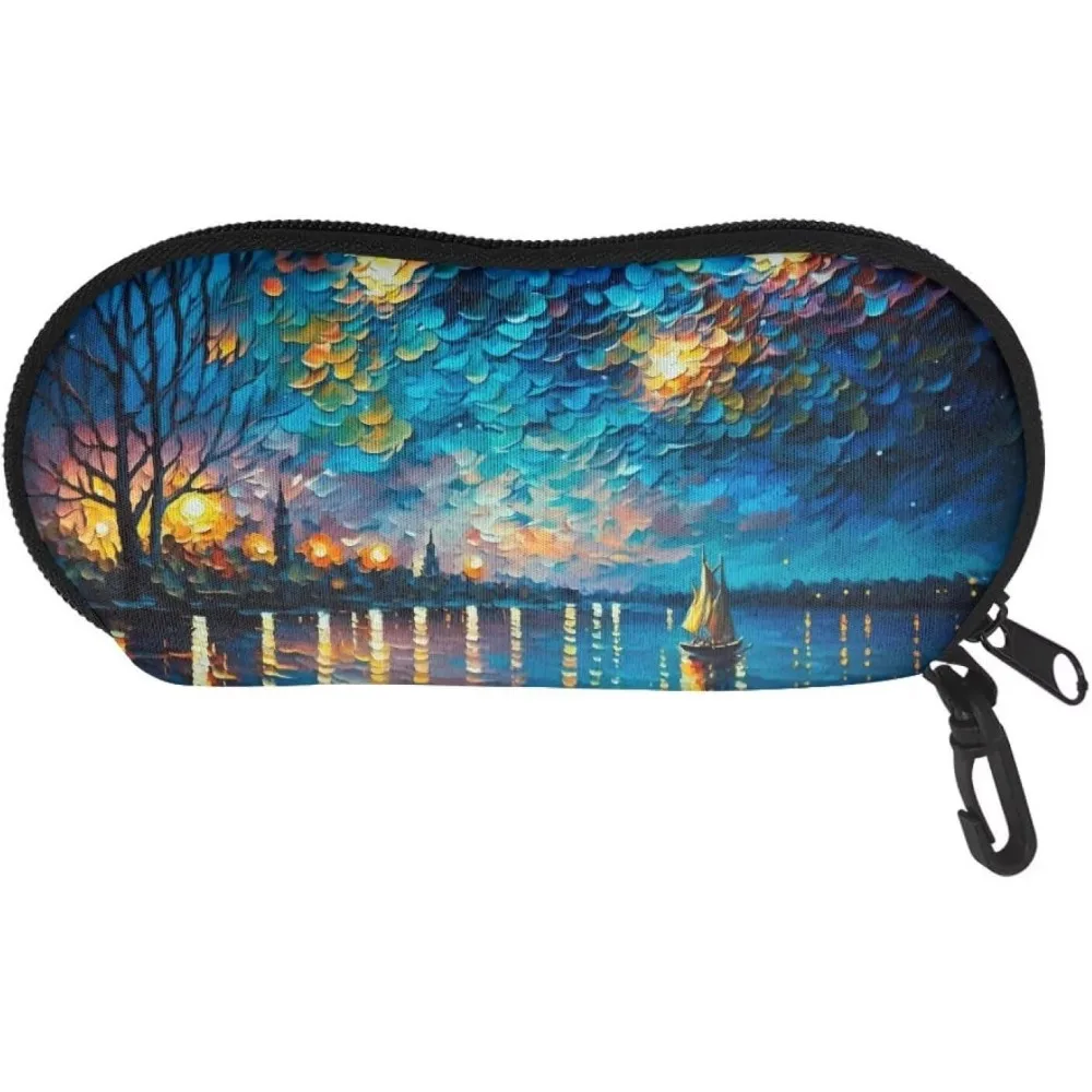 

Impressionist Style Night Scene Sunglasses Case with Carabiner, River, Sailboat & Starry Sky Print, Portable Eyewear Protection
