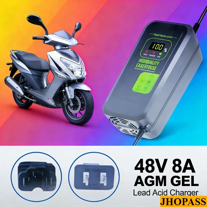 HD 48V 8A Smart AGM GEL Water Dry Lead Acid Battery Charger for Motorcycle E-bike Scooter AC110V to 220V for UK EU AU US Plug