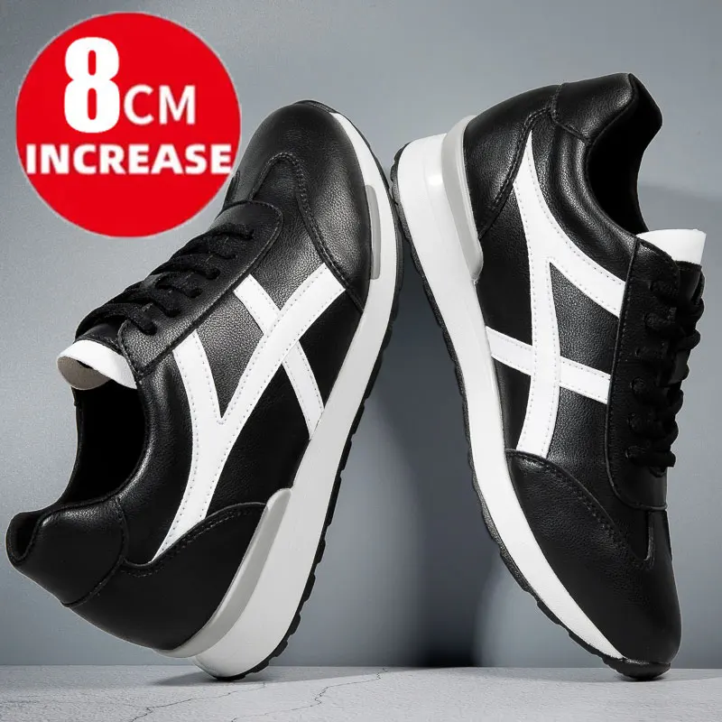 Zapatos deportivos con tacón oculto para hombre, mocasines masculinos de 7CM de altura, color blanco y negro, informales, a la moda