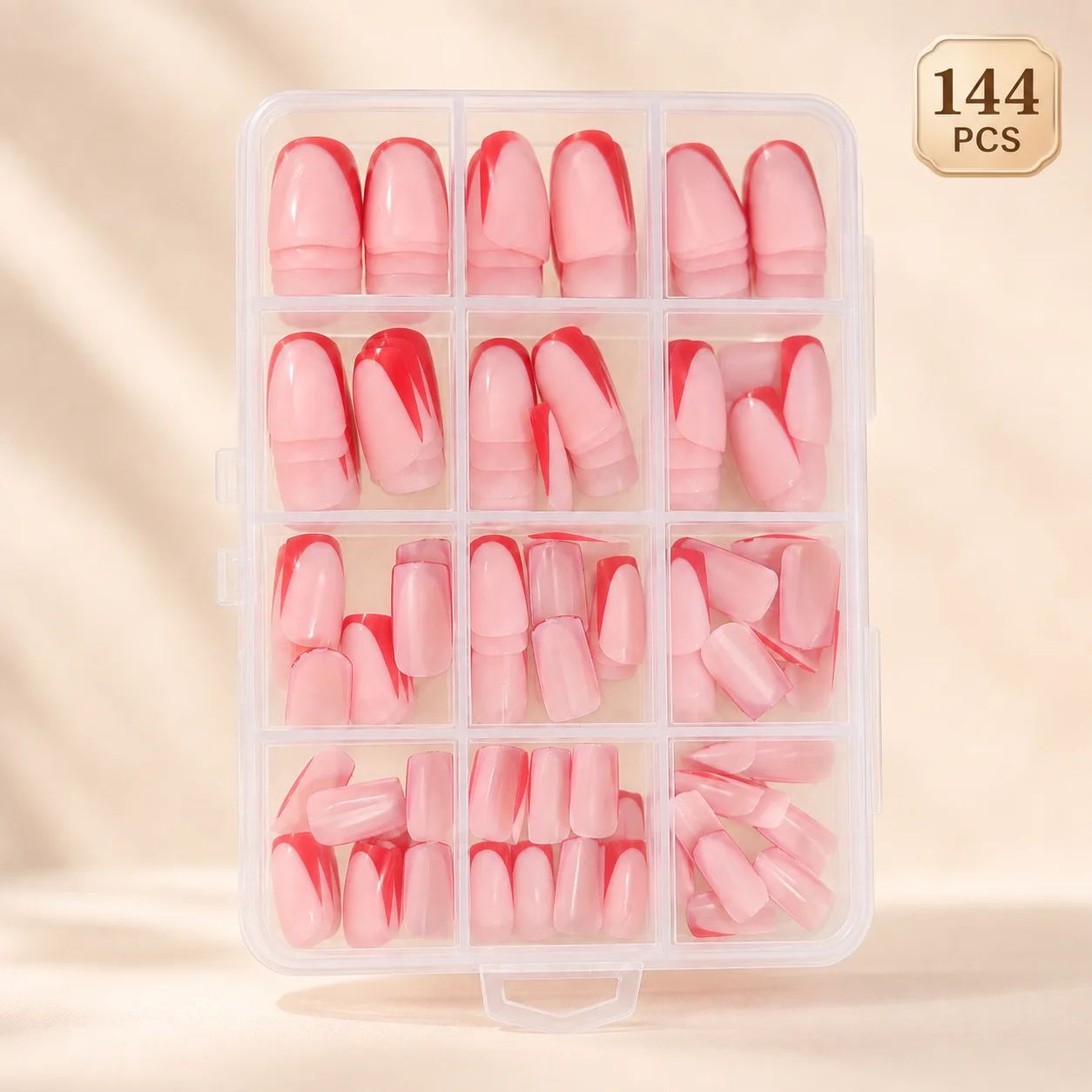 144 Stück kurze, quadratische Press-On-Nägel in Nude, Rosa, Rot mit französischer Spitze, glänzende, vollflächige Kunstnägel für Frauen, DIY-Maniküre