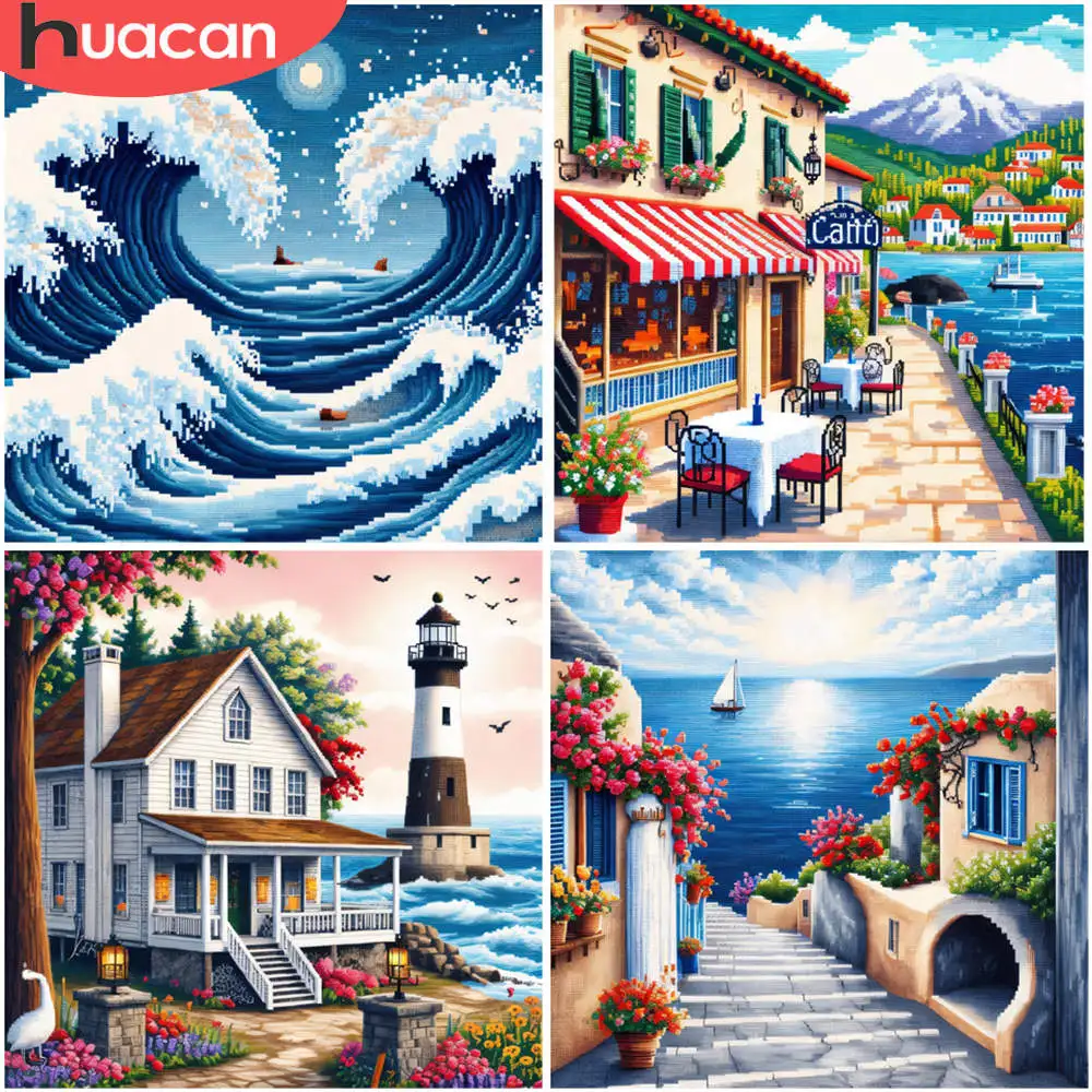 DIY Volle 11CT Stickerei Kreuz Stich Kits Ozean Wellen Sternennacht Vor Gedruckt Aida Tuch Nadeln Fäden Landschaft Kunst Dekor