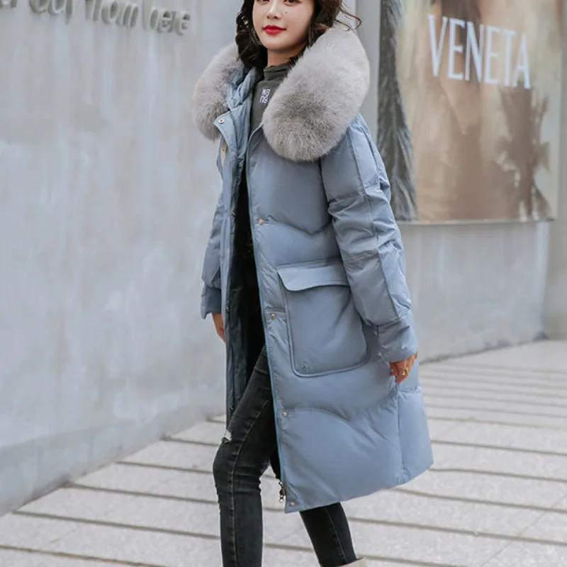 

2023 Women White Duck Down Jacket Latest Korean Female Students Thickened Thermal Knee Length Winter Fur collar hooded coat