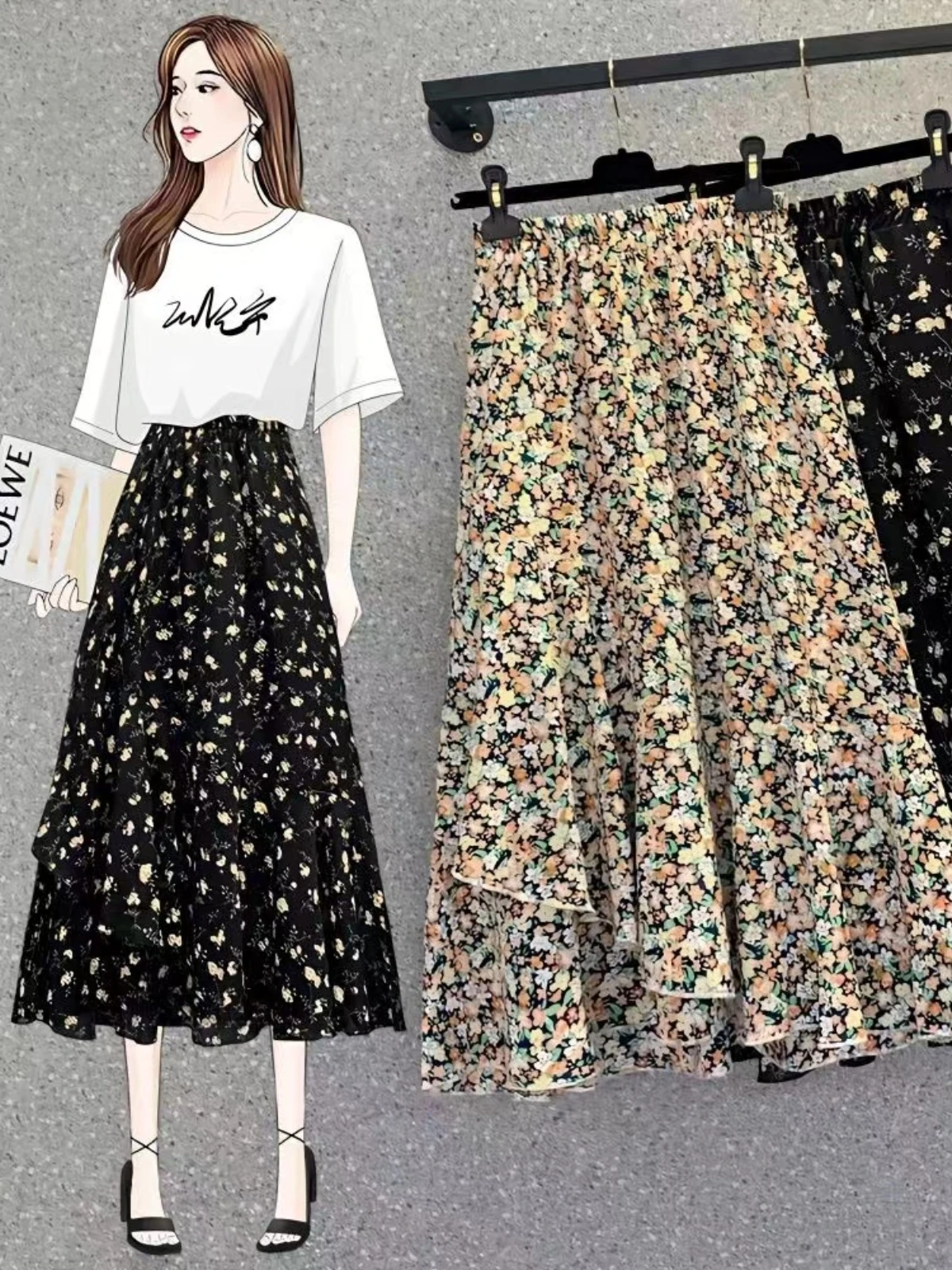 

Юбка с цветочным принтом большого размера для женщин, летняя, облегающая, скрывающая бедра, повседневная, в корейском стиле, свободного кроя, из ацетатного волокна