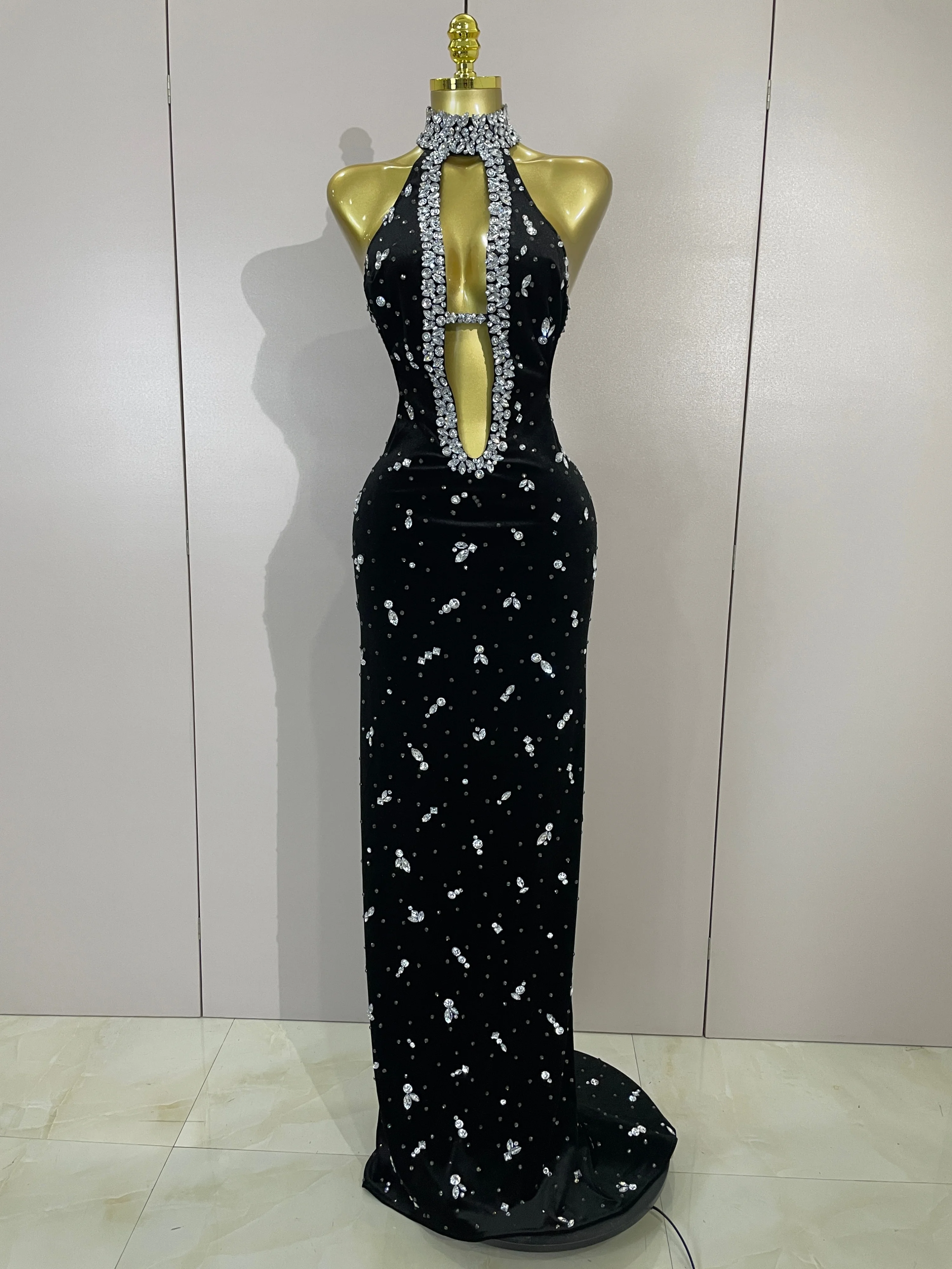 Sparkly Diamond Hollow Velvet Mermaid Long Dress Women Sexy Backless Birthday Party Ceremony Host Evening Dress Show Stage Wear