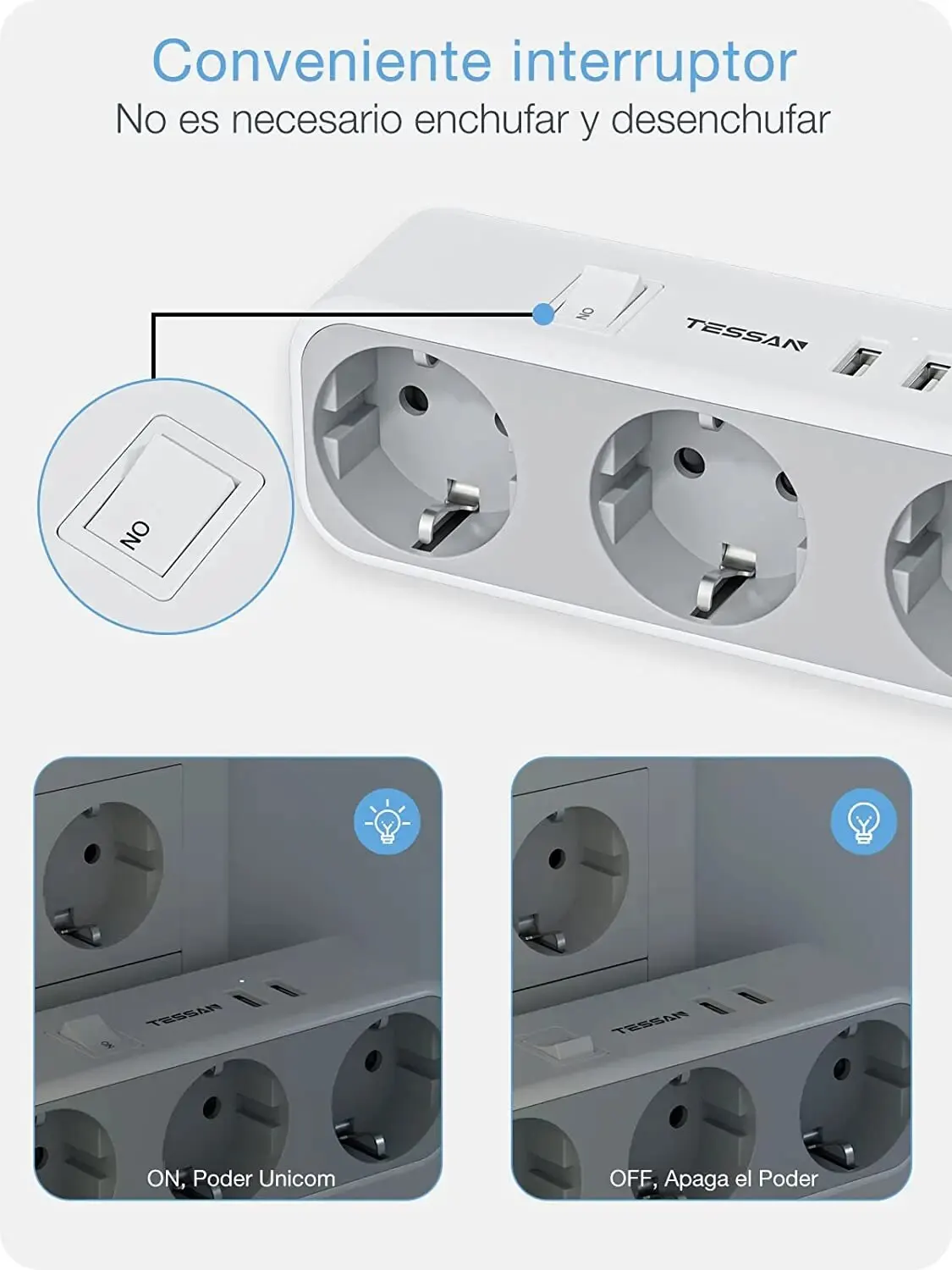 TESSAN USB Wall Socket Extender with 3 AC Outlets +2 USB Ports EU Plug Power Adapter Overload Protection Switch for Home/Office