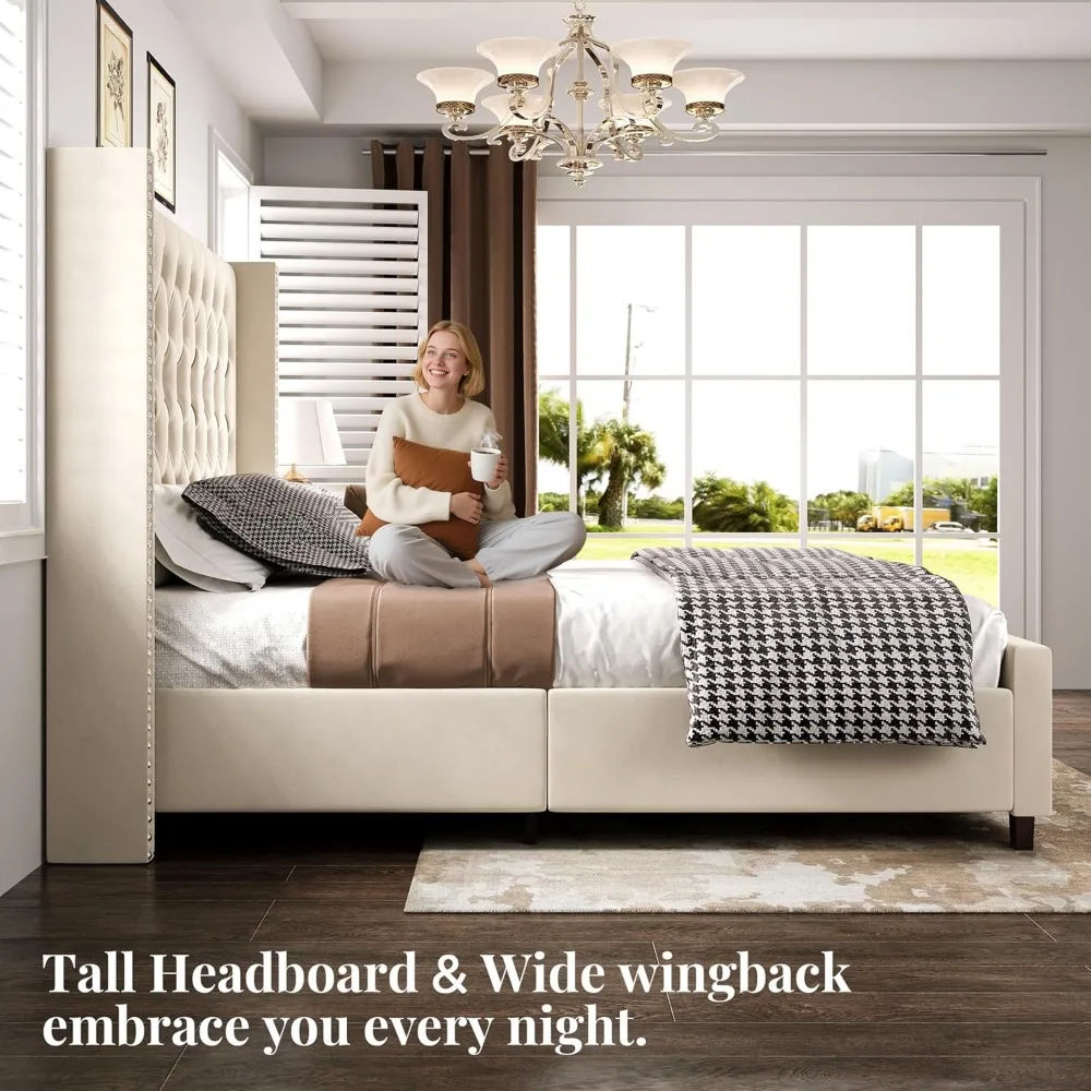 هيكل سرير بحجم كوين من بابجيت مع لوح رأسي بطول 61.4 بوصة، سرير معنقدة حديث مخملي للبالغين، زر عميق مصنوع يدويًا #5