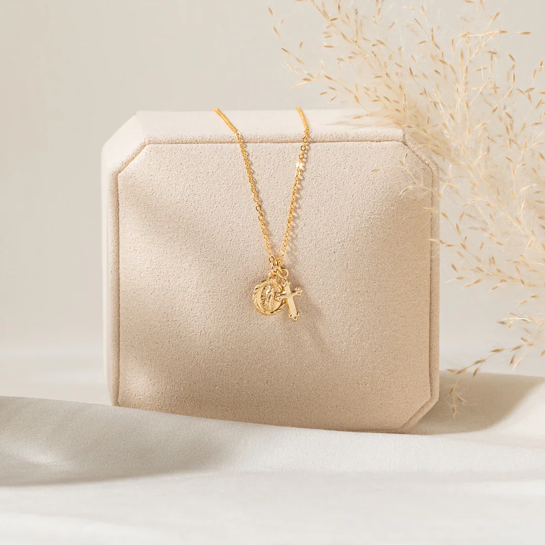 14K Gold Filled Mini Virgin Mary Cross Necklace Minimalist Cross Necklace Hypoallergenic Tarnish Resistant Gift for Women