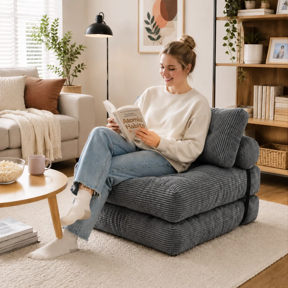 Corduroy 3-in-1 Foldable Floor Sofa Bed Shredded Memory Foam Lazy Chair Multi-function Guest Sleeping Couch for Dorm Bedroom