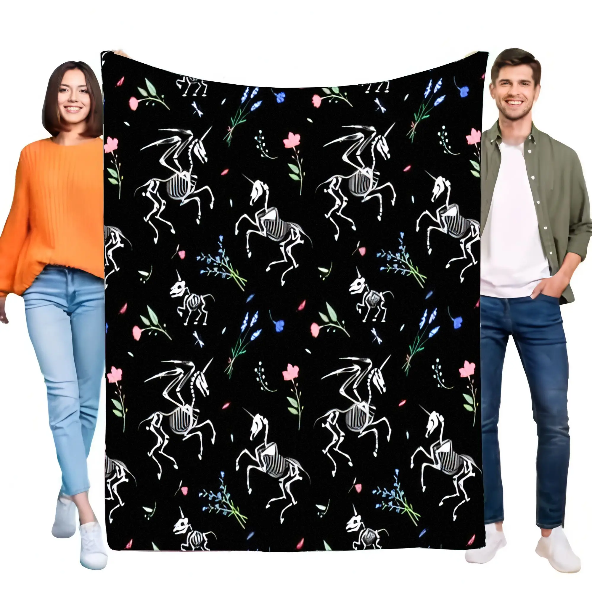 Warme, weiche, gemütliche Flanell-Fleece-Überwurfdecke, gruseliges Skelett, Einhorn, Blumenmuster für Bett, Sofa, Halloween, Gothic, Heimdekoration, Fantasy-Geschenk
