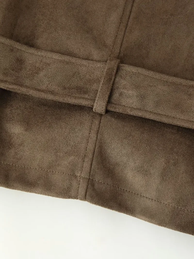 Damen-Weste aus Wildlederimitat, ärmellos, doppelreihig, mit selbstbindendem Gürtel, hohem Kragen, Taschen, Schulterklappen, Oberbekleidung, Top 2026 – Detail 6