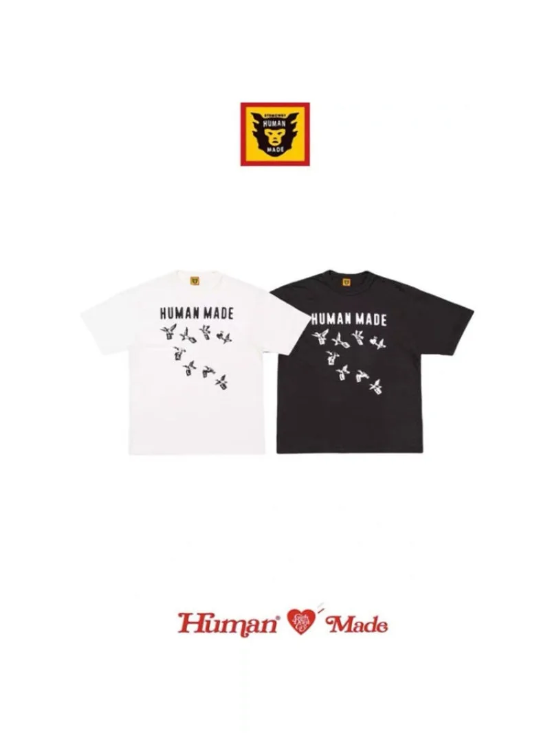 Human Made Style Flying Duck Print Slub Cotton T-Shirt, Casual Tee for Unisex