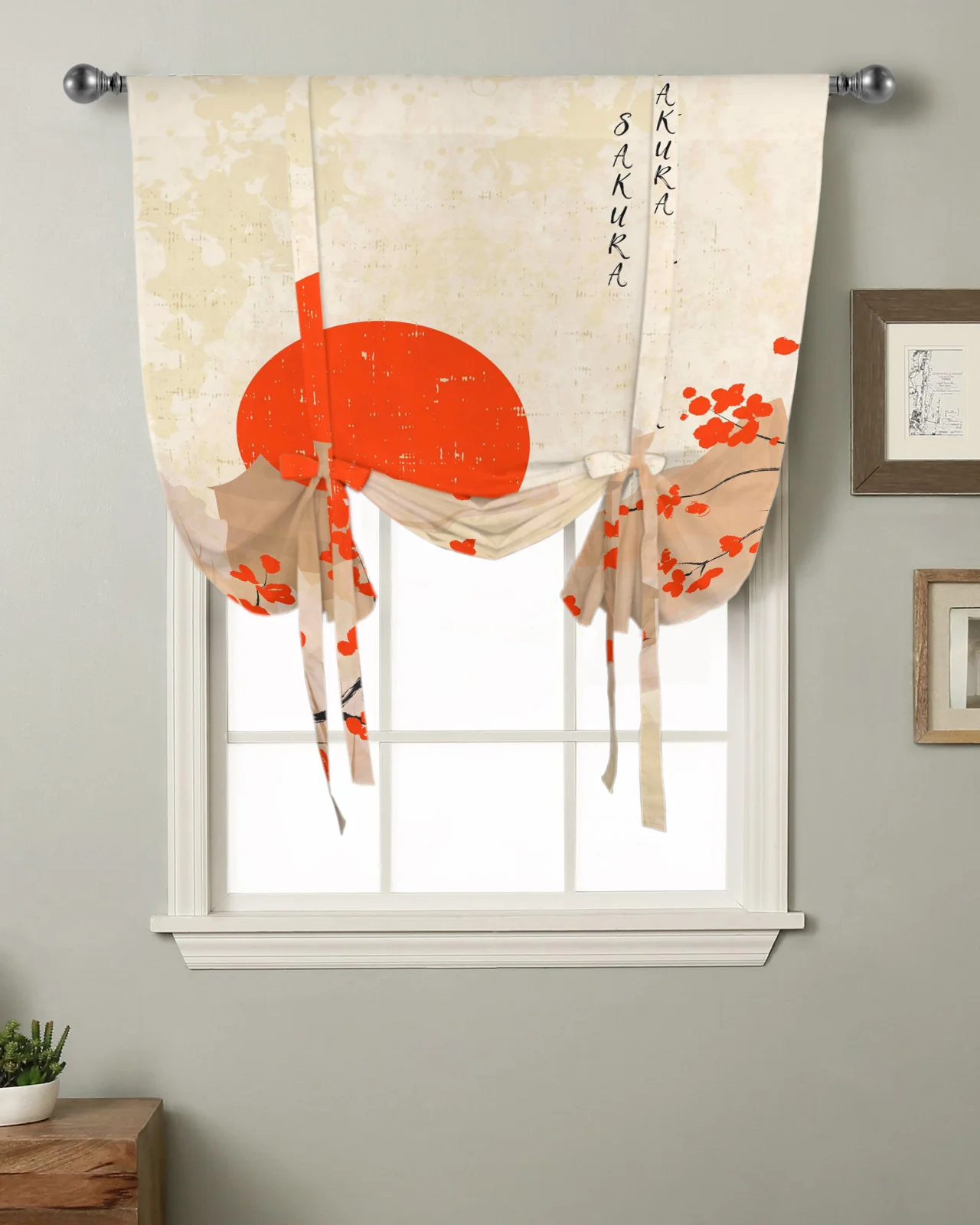 

Flower Cherry Blossom Sun River Retro Kitchen Short Window Curtain Modern Home Decor Small Window Roman Tie Up Curtains