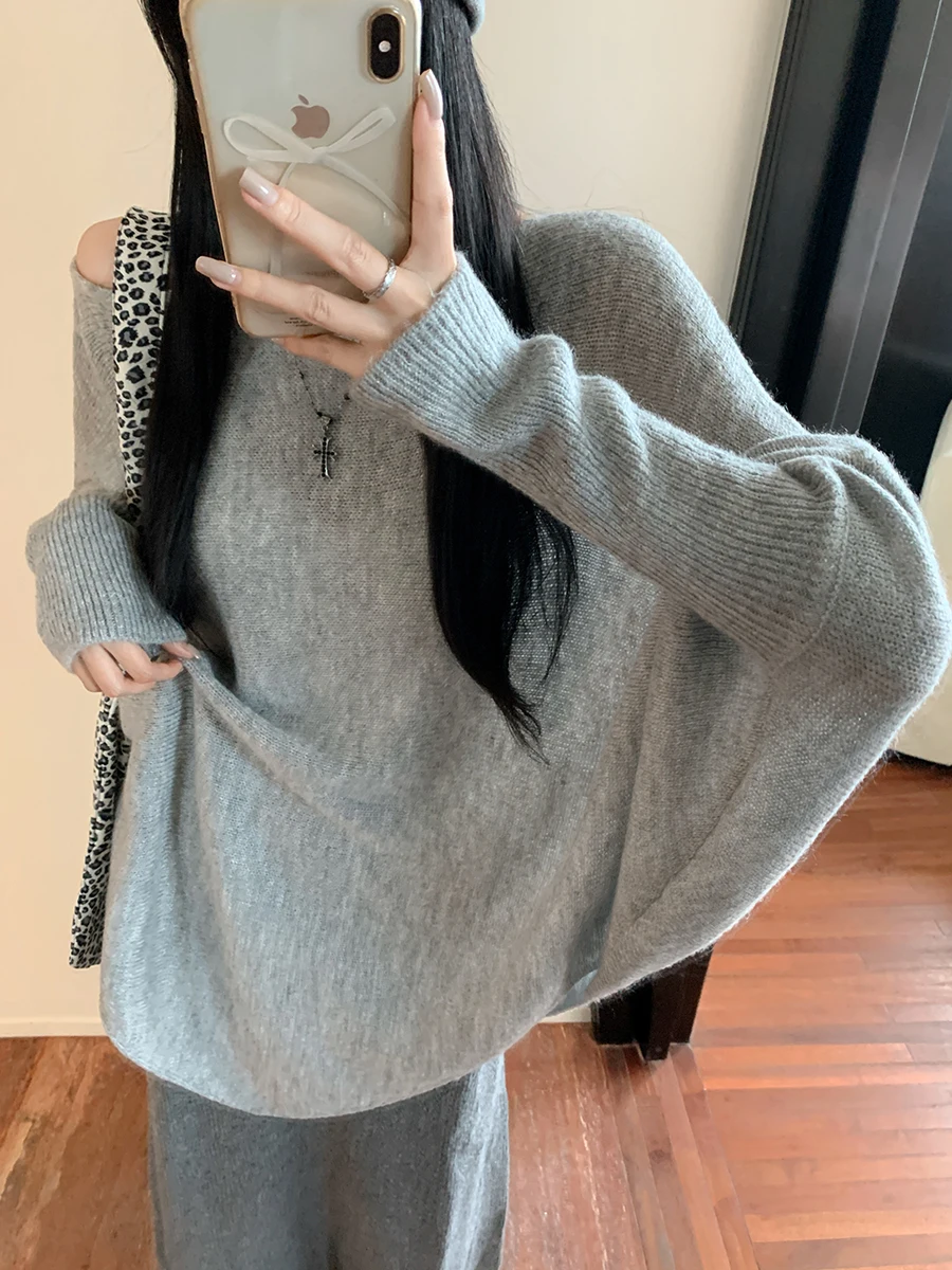 ReddaChic Women Off Shoulder Knit Jumper Top Solid Lounge Batwing Sleeves Irregular Loose Pullover Sweater Elegant Fall Clothes