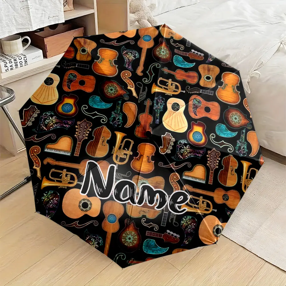 Custom Name Umbrella, Musical Instrument Pattern Black Background Umbrella Design Folding Umbrella for Sunny and Rainy,Gift