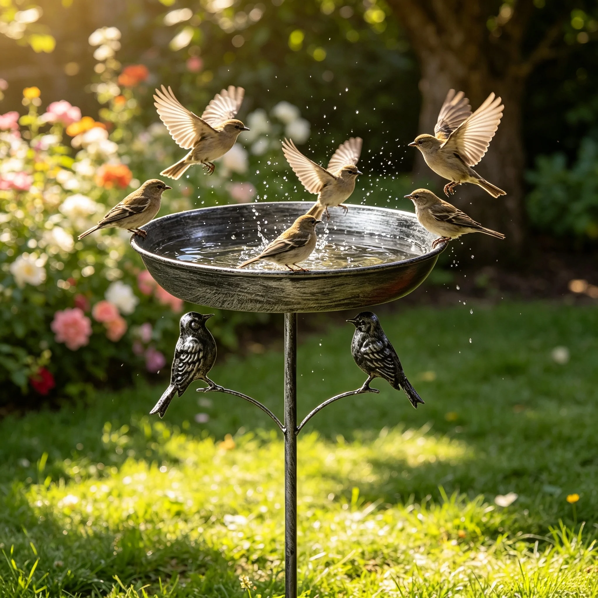 Vintage Copper Iron Bird Bath Feeder 2 in 1, Rustproof Garden Decor with Anti-Slip Stake