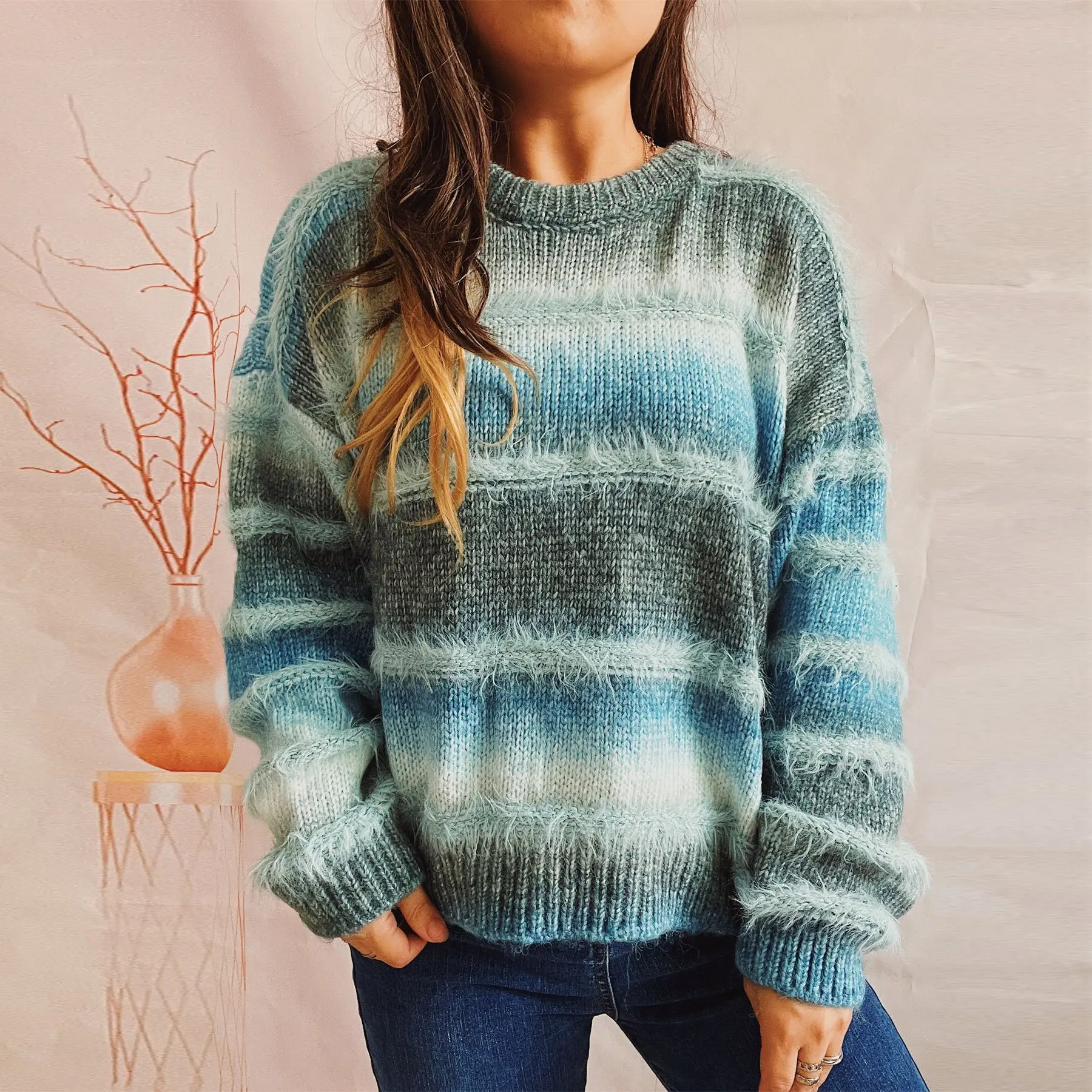 Women Knitted Pullovers Sweater Spliced Jumper Tie Dye Round Neck Long Sleeve Loose Slight Strech Casual Office Lady 2025 Autumn