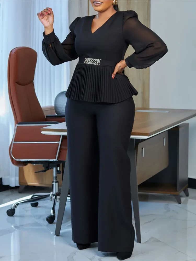 

Women's Elegant Office Commuting Set Spring And Autumn Casual V-neck Long-sleeved Pleated Top Wide-leg Trousers Two-piece Set