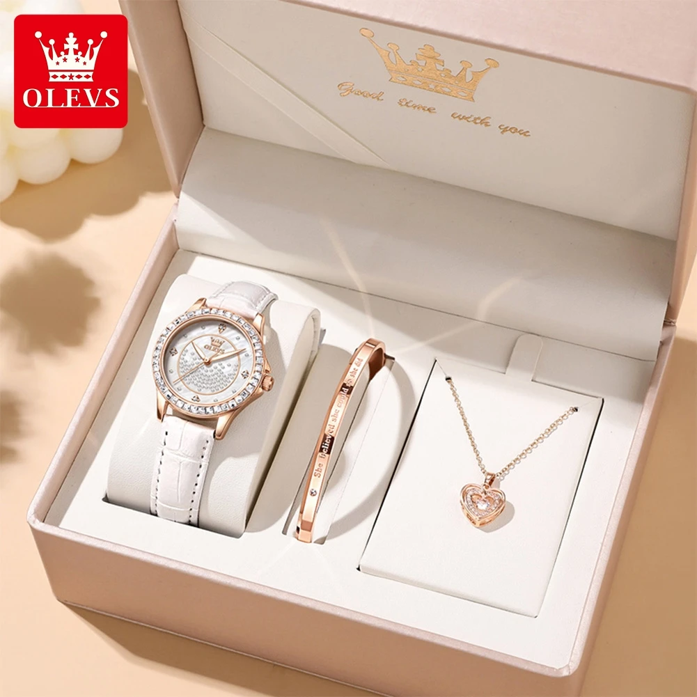 OLEVS 3715 Ladies Watch Original Fashion Simple Quartz Wristwatch Waterproof Leather Strap Watches For Woman Diamond Bezel Watch