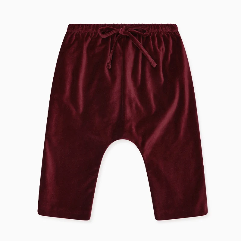 Christmas Party Burgundy Velvet Baby Trousers New Chic Drawstring Elastic Waist With Pocket Kids Pants 2024 Autumn Clothing