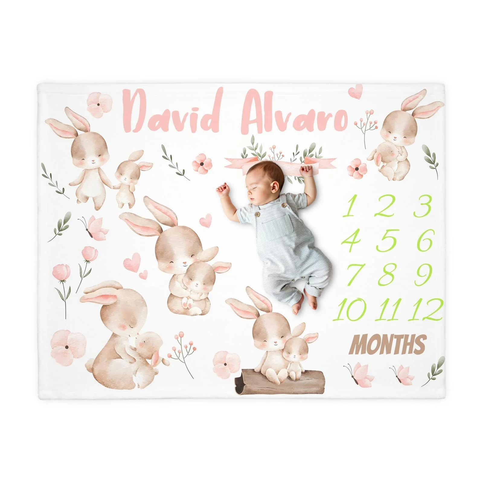 VIKAMA Cute Bunny Family Baby Milestone Blanket, Floral Newborn Monthly Growth Photo Mat for Photography Prop