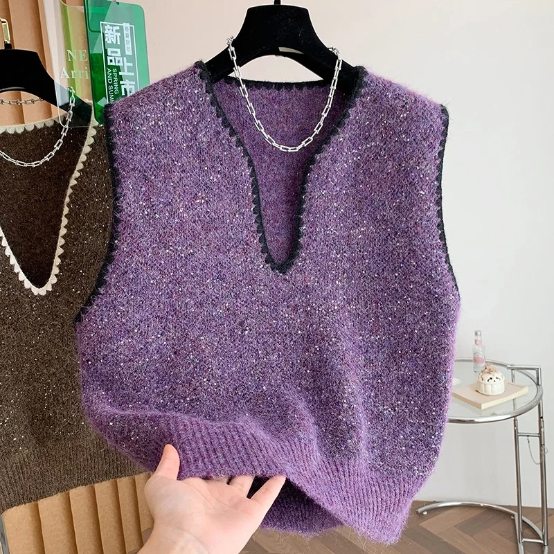 Sparkling Knitted Sweater Vest For Women Purple V-Neck Sleeveless 2026 Spring Autumn New Style, Stylish Outerwear Top W1683