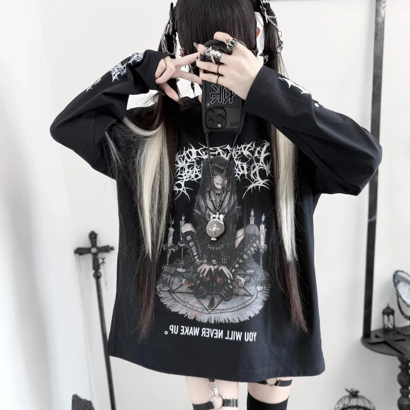Japan Punk Style Cartoon Print Top Women Casual Streetwear Long Sleeves Grunge T Shirts Loose Vintage Fairy Y2k Tee Shirt Gothic