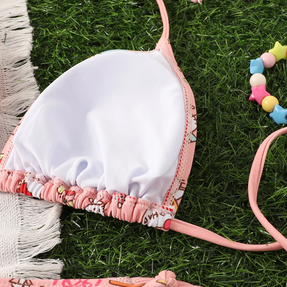 Nowy 2-częściowy zestaw bikini Sanrio Hello Kitty Kawaii Y2K Summer 2024 Nowy damski strój kąpielowy plażowy z paskami Seksowne stroje kąpielowe dla