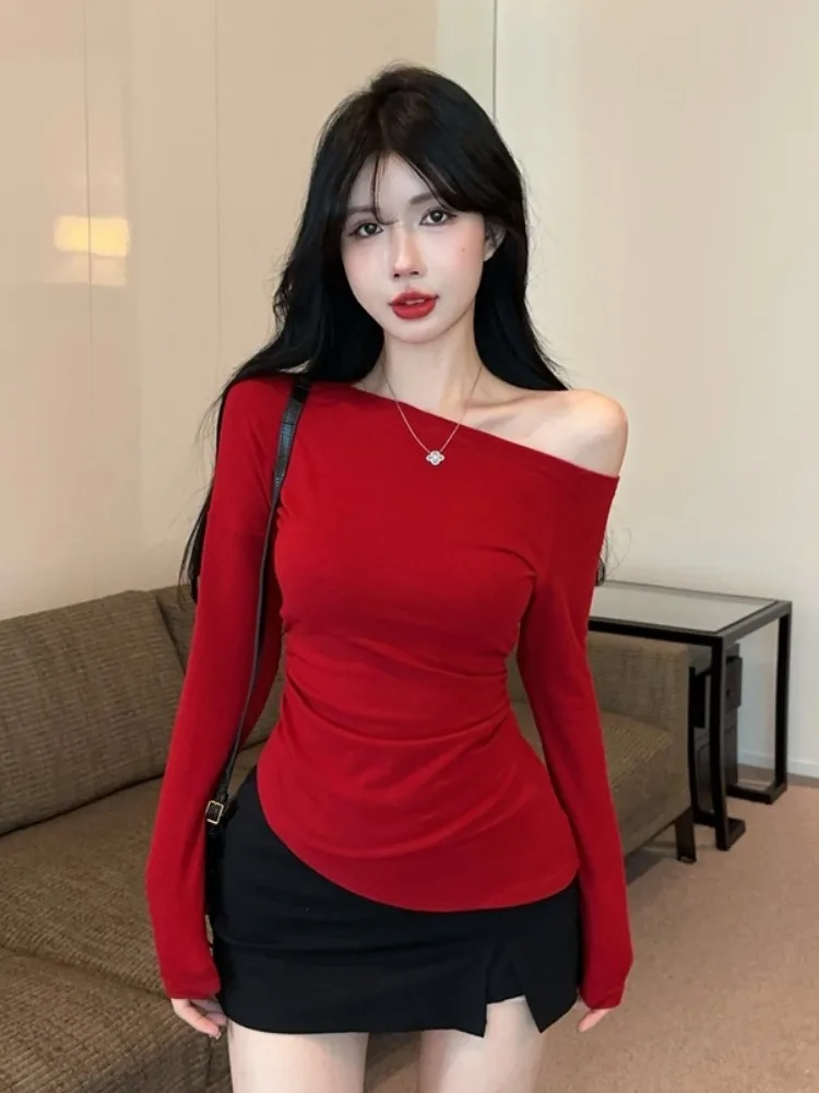 

Slim Fit Long Sleeve Shoulder Bared T Shirt Women Early Autumn Korean Style Pure Color Versatile Base Layer Trendy Top