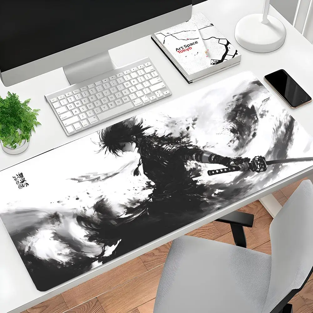 

Черный и белый аниме самурайский коврик для мыши, большой коврик для компьютерного офиса, игрового стола, XXL, резиновые противоскользящие коврики для игровой клавиатуры, коврики для мыши