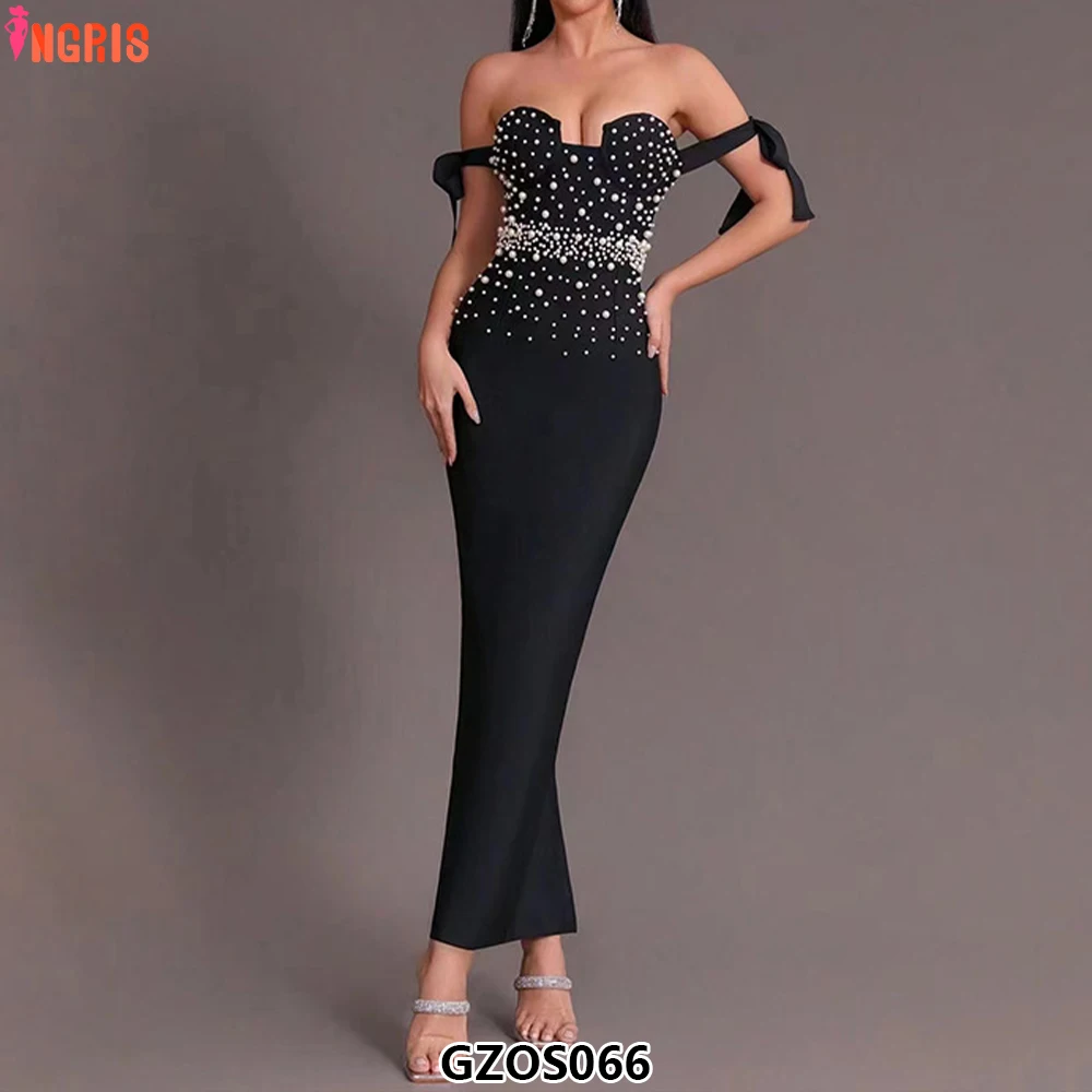 

New Fashion Women's Black Sexy Off-Shoulder Luxury Pearl Tight Long Bandage Dress Elegant Celebrity Party Dress-GZOS066