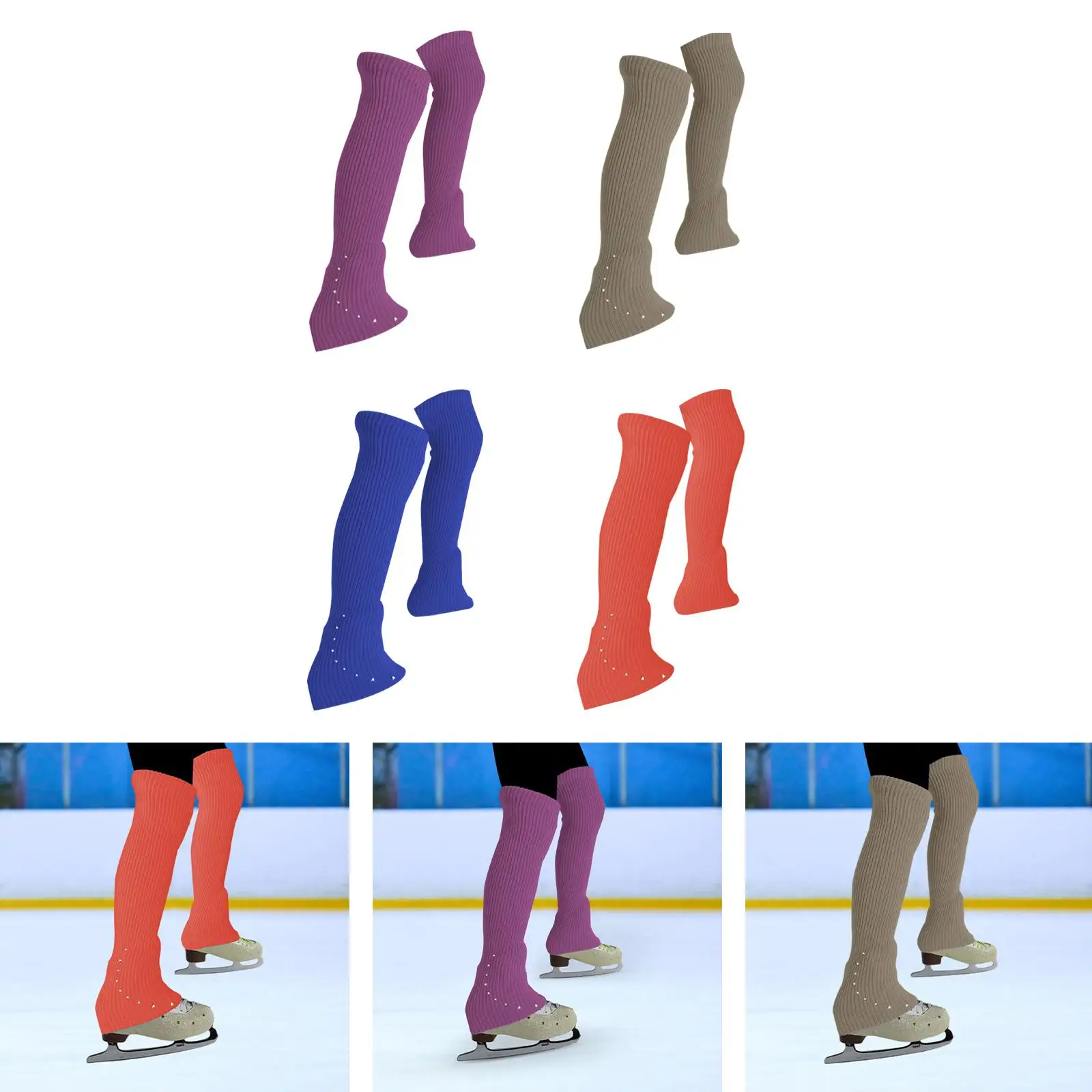 Knit Long Leg Warmers for Ice Skating with Rhinestone Design