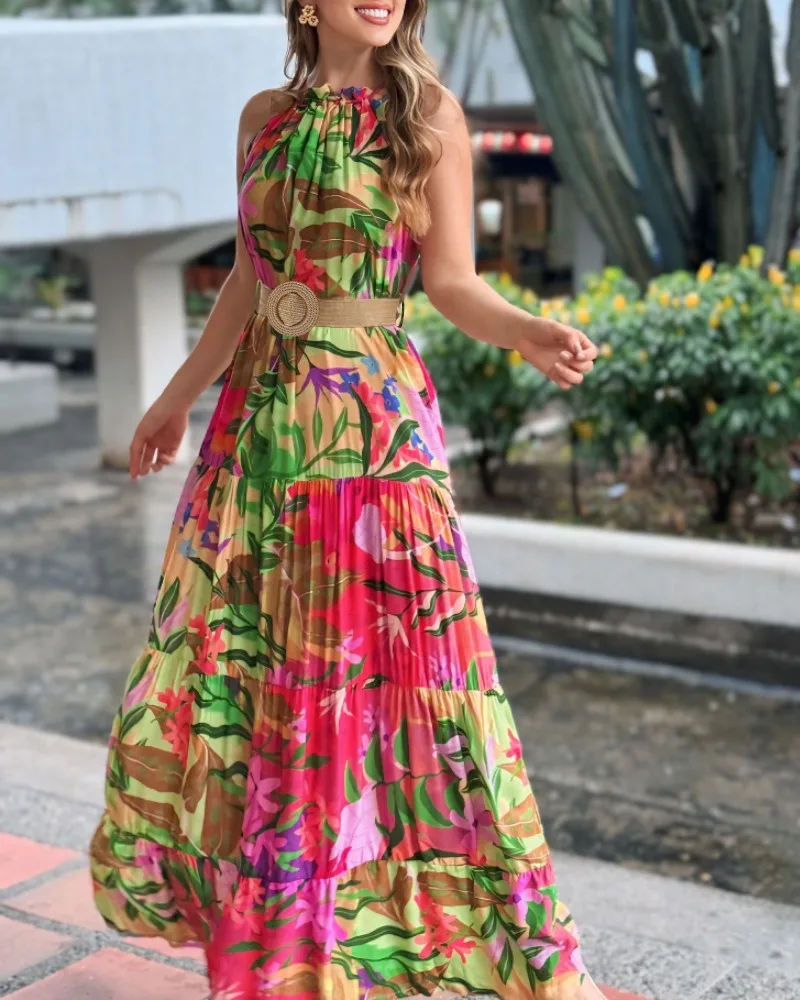 Abito estivo alla moda da donna con stampa tropicale, maxi abito senza maniche increspato con scollo all'americana, abito grembiule fluido casual con linea A
