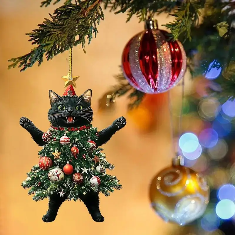 Christmas Cat Pendant Rearview Xmas Cat Charm Ornament Vehicle Rearview Kitten Pendant Accessories for Christmas Tree Home Decor