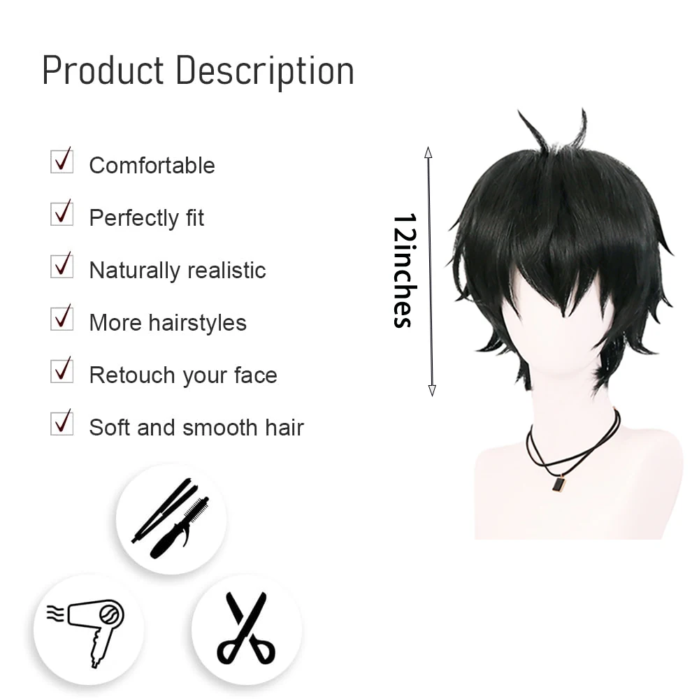 Game Honkai:Star Rail‌ Danheng Cosplay Synthetic Hair Black Short Hair Upturned Halloween Daily Party Wig Natural Heat Resistant