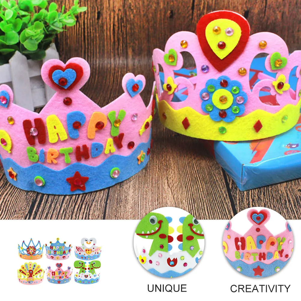6Pcs Kids Birthday Crown Hat Set Skin-Friendly Non-Woven Material Proper Fit for Toddlers Creative Tiara DIY Accessories Crown