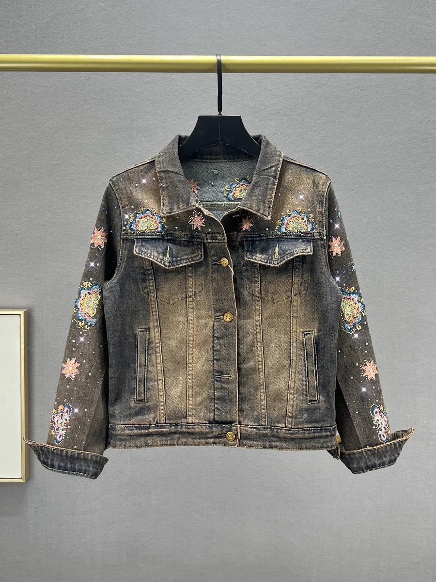 

Women's ort Fit Denim Jaet 2024 Early Autumn New Ethnic Embroidery Rhinestone Fading Jaet Top Button Cotton Polyester B...