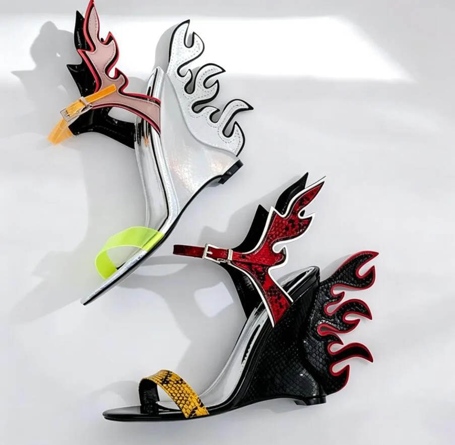 Sexy Women Purfled Stereo Flame Tail Wedge Heel Sandals PVC One Strap Open Toe Alligator Grained Mixed Colors Banquet Shoes