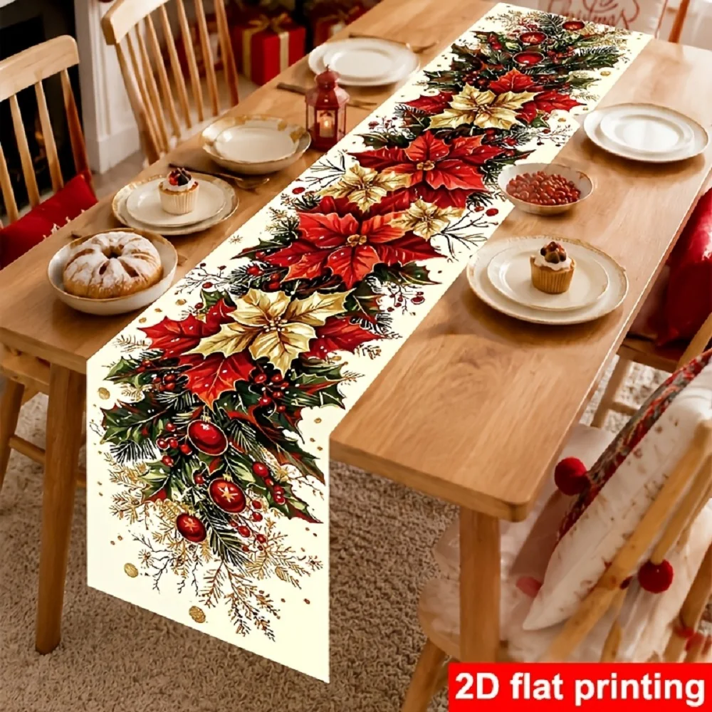 Christmas Table Runner Vintage Poinsettia Holly Berry Print Tablecloth Dresser Scarves for Festivals Party Kitchen Home Decor