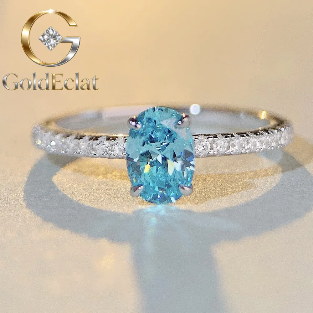 

GoldEclat Luxury Solid Platinum PT950 Aquamarine Ring Women's Moissanite Diamond Ring Simple Style