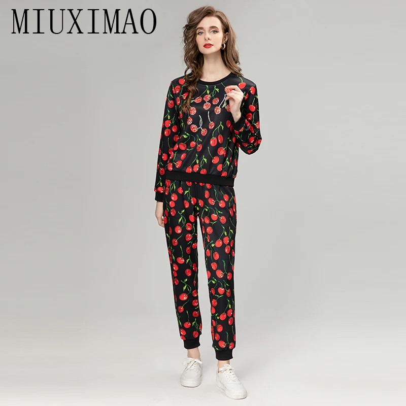 MIUXIMAO 2023 Fall sets for women 2 pieces Luxury Sicily Elegant Set Prints Cherry Top+ Slim Pants Fashion  pants sets  women