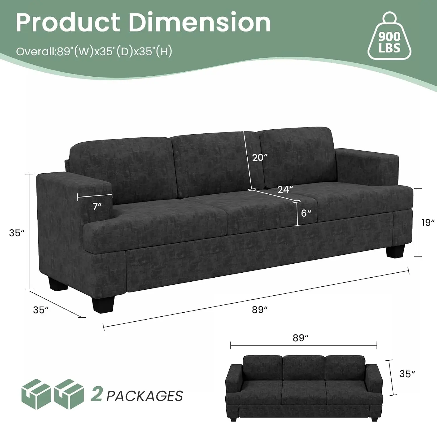 5 Seats Sofa Set 2 Piece Comfy 3 Seater & Loveseat with Deep Seats for Living Room Modern Sleeper Black Chenille, Customized