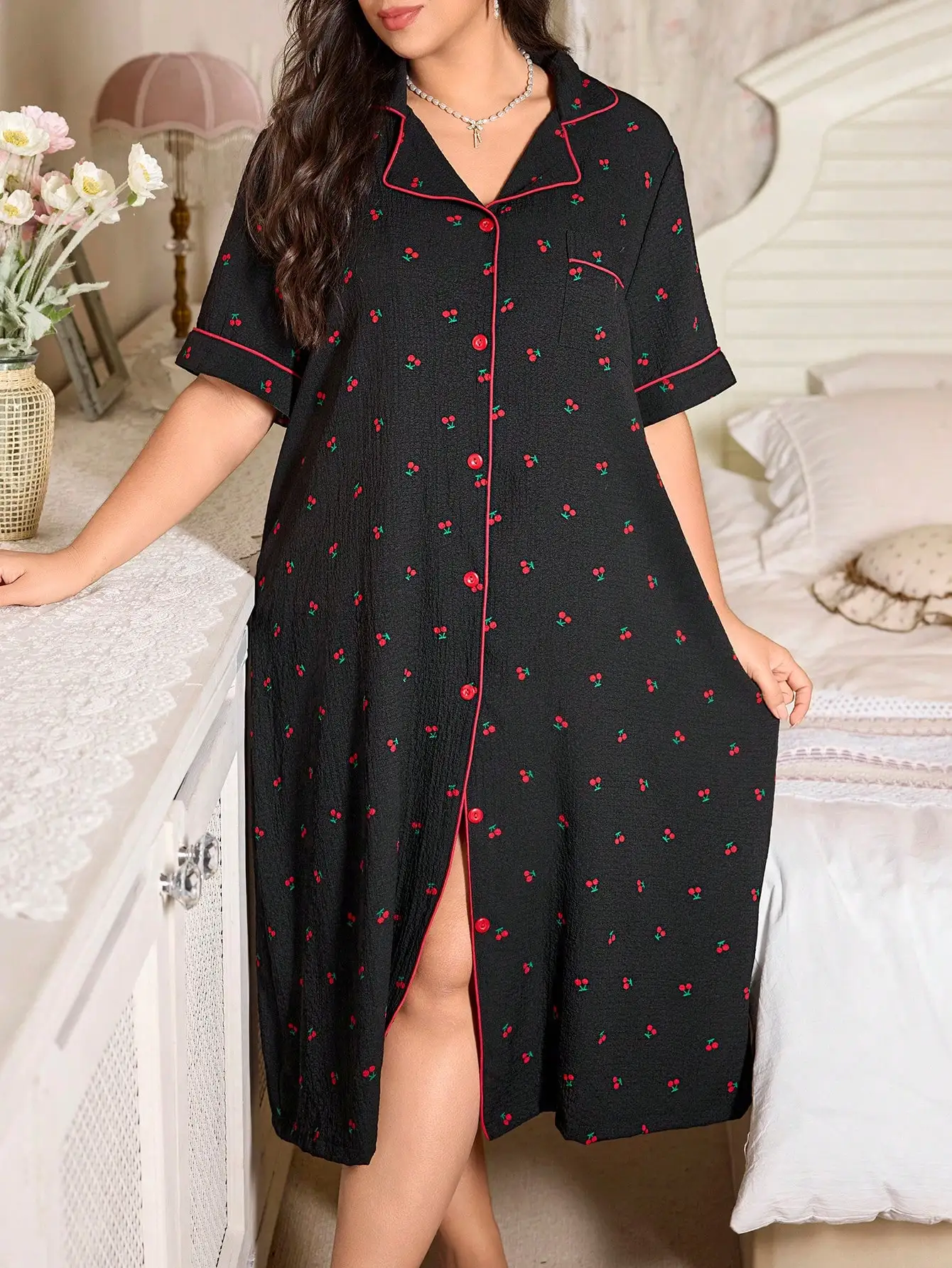 

Black Cherry Print Plus Size Open Front Nightgown with Red Trim, Short Sleeve, Button-Down Pajama Dress