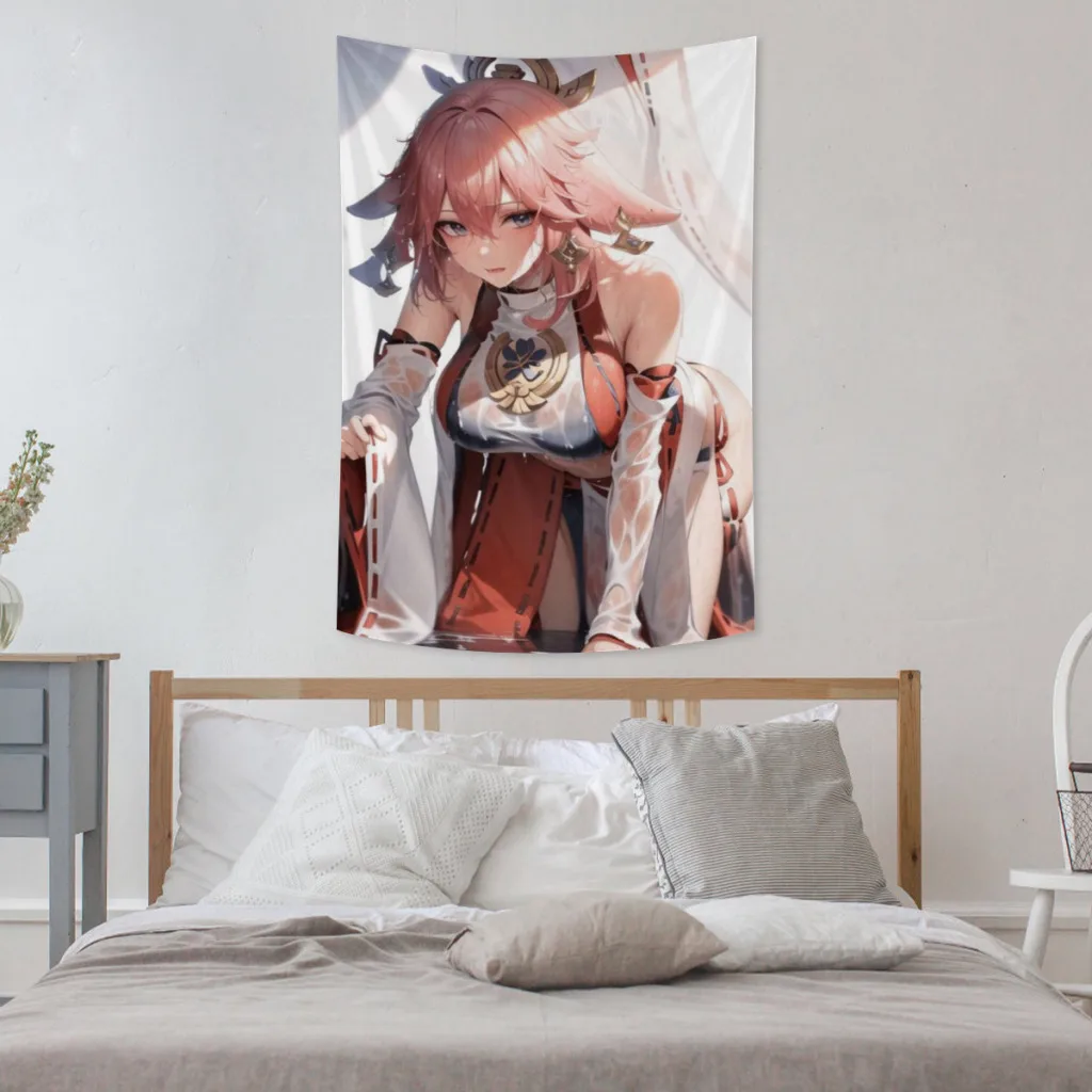 Custom  Genshin Yae Miko Tapestry Game Character  Yae Miyaji Wall Hanging Room Decor Aesthetic Lovely Poster