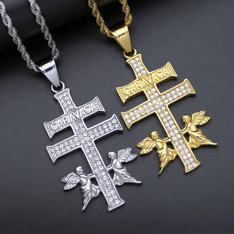 Hip Hop Bling Iced Out Stainless Steel Catholic Caravaca Crucifix Cross Necklace for Man Cherub Angel Pendant Christian Gift