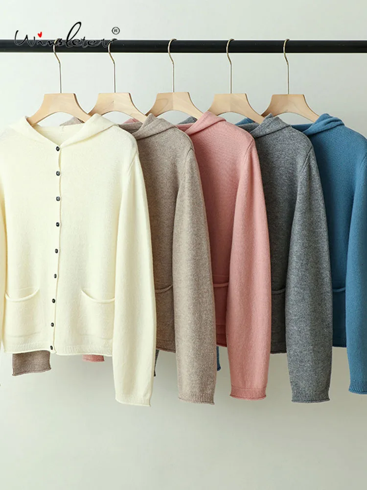 

Winsleter-100%Sheep Wool Elegant Sweater, Hooded Buttons, Women Fashion Versatile Warm Knit Cardigan, 2025 Autumn New T59342CC