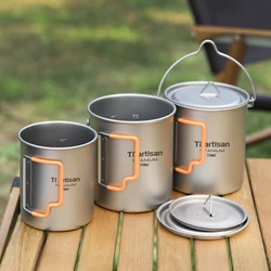Tiartisan Outdoor Camping Pure Titanium Mug with Collapsible Handle Ultralight Portable Tea Cup Coffee Mug Drinkware
