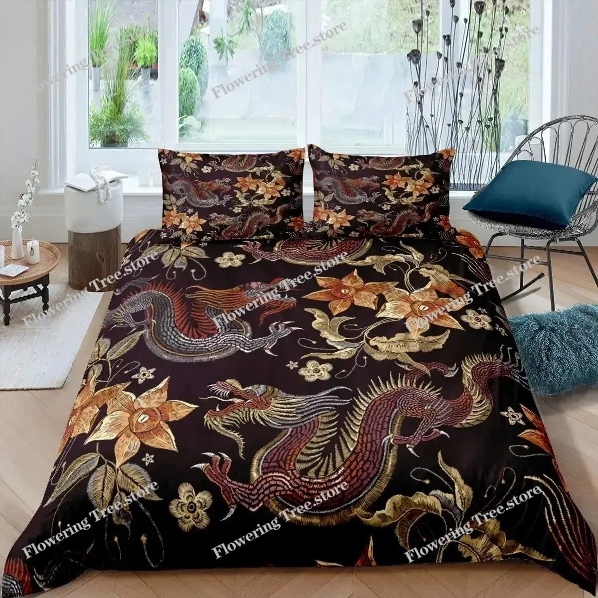 Fire Dragon Duvet Cover Set Magical Dinosaur Bedding Set Jungle Animals Pattern Wildlife Style King Size Polyester Quilt Cover