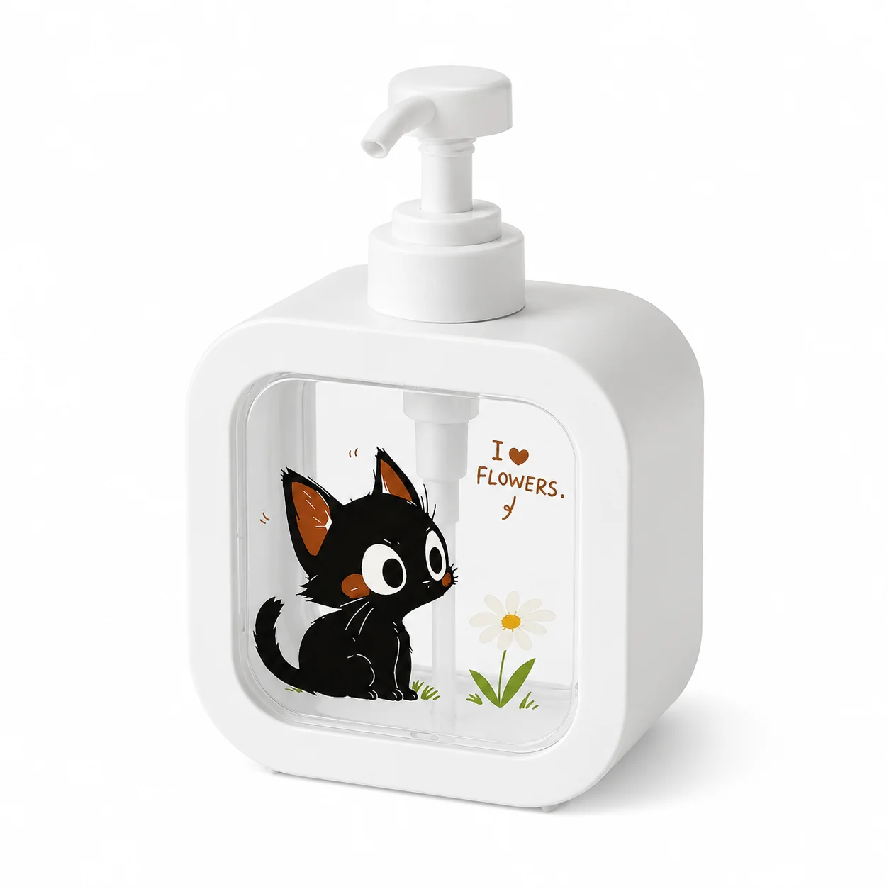 Cute Cat Soap Dispenser 300mL, Refillable Pump Bottle with Transparent Window for Hand Soap Shower Gel Dish Soap