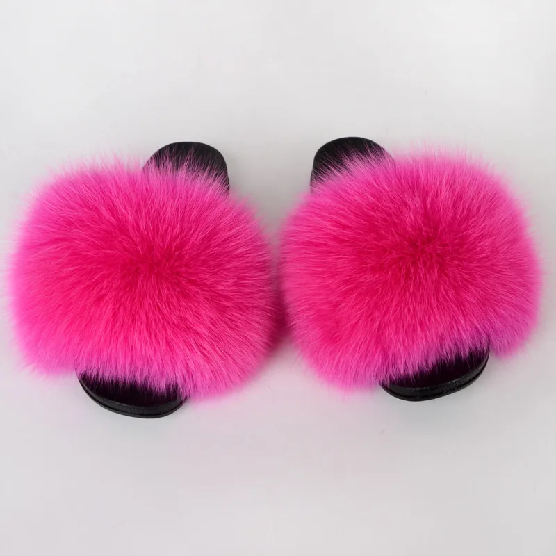 Full Fox Fur Slippers Women  Fluffy Furry Flip  Beach Sandals Non-Slip Wear-Resistant Flat Sandals Casual Outdoor Ladies Slides