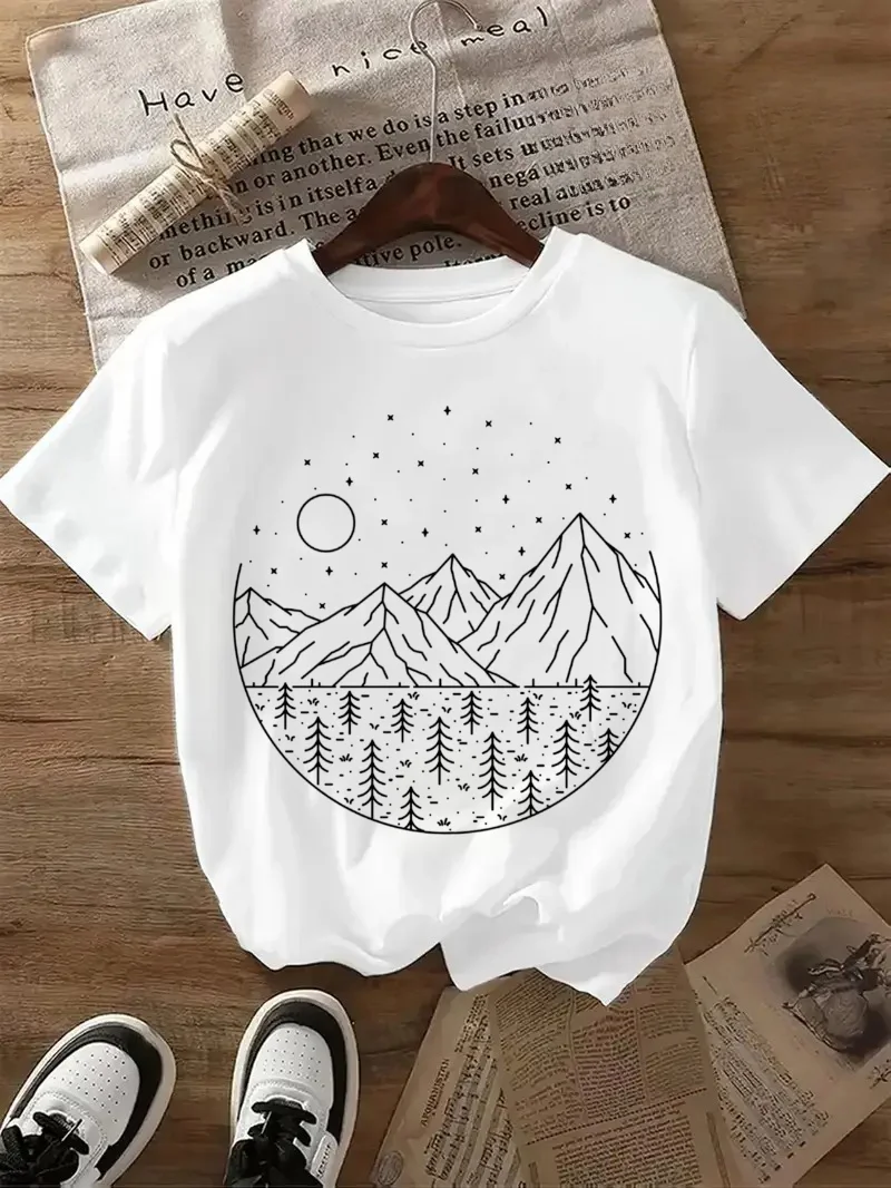 Short Sleeved Printed Round Neck Women's Night Mountain Pattern T-Shirt Starry Forest Printed Casual Summer New Versatile T-Shir